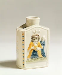 Prattware tea caddy, decorated with caricatures of ladies fashions, c.1790-1800